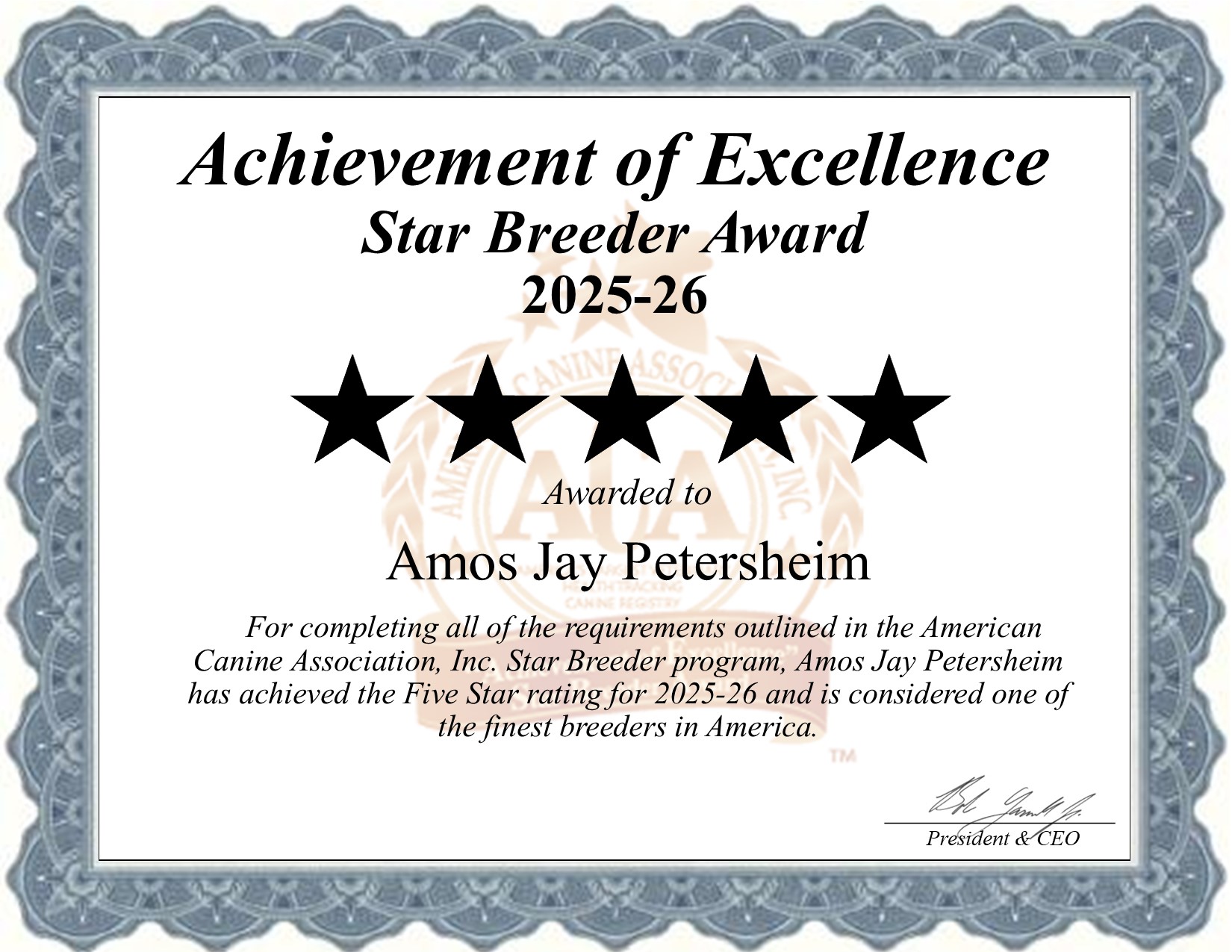 Amos Jay, Petersheim, dog, breeder, star, certificate, Amos Jay-Petersheim, Canjohaire, NY, New York, puppy, dog, kennels, mill, puppymill, usda, 5-star, aca, ica, registered, Golden Retriever